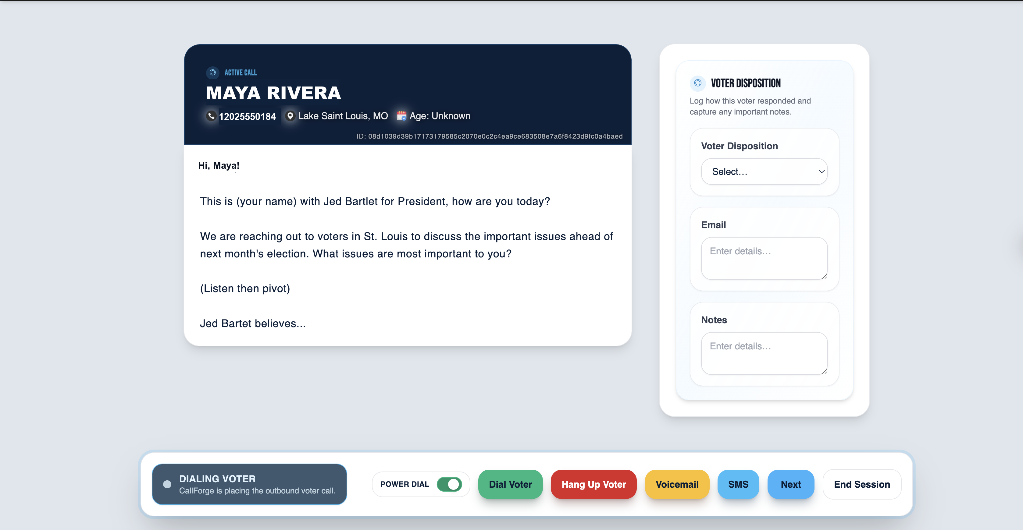 CallForge Plus live calling screen with script, voter disposition, and action bar