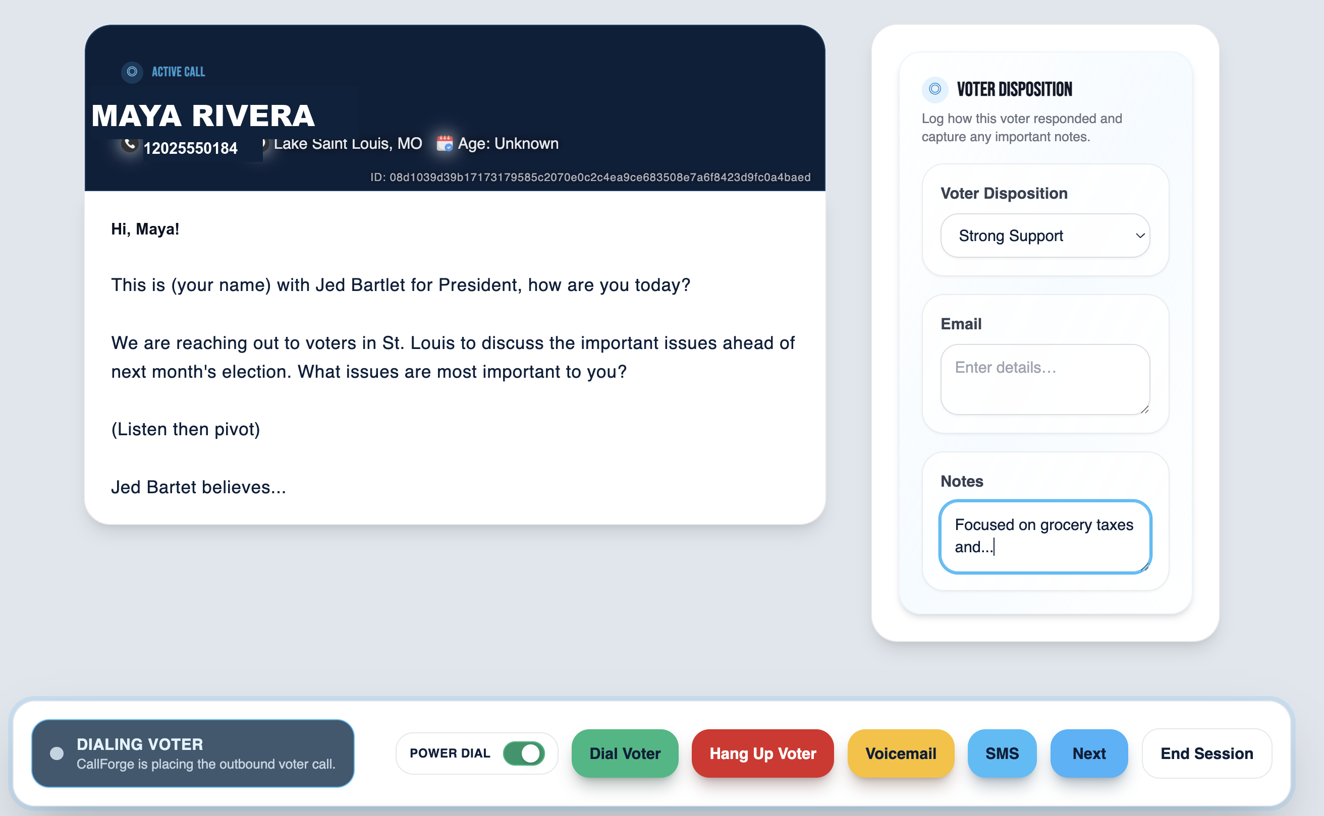 CallForge Plus dialing view with script, notes, voter disposition, and action controls